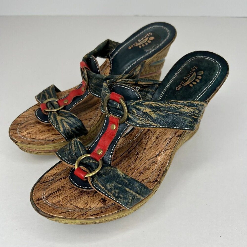 Spring Step Womens 37 Genevieve Brown Cork Wedge Slip On Size 41 Thong Sandals